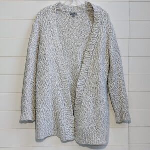 Sympli Fuzzy Knit Open Cardigan Women's Medium Light Gray Eyelash Sweater Long